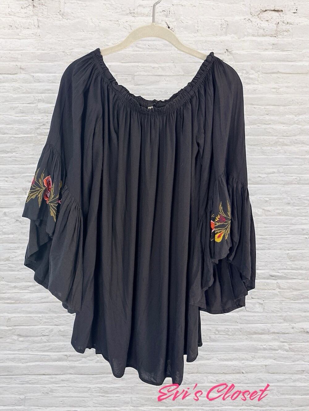 Feathers Women's Floral Embroidered Off The Shoulder Peasant Blouse Sz L Black